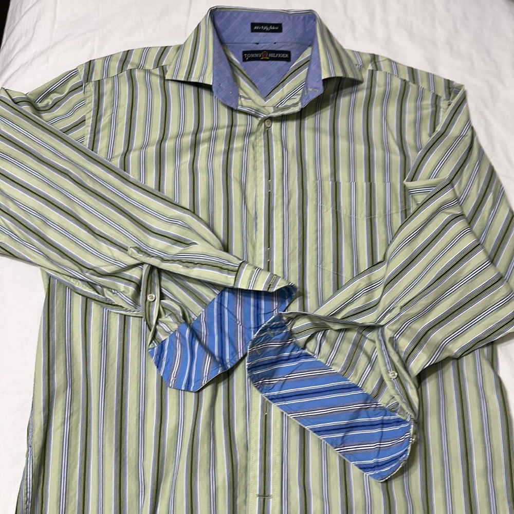 Tommy Hilfiger green and blue striped shirt. 15 1/2 32-33
